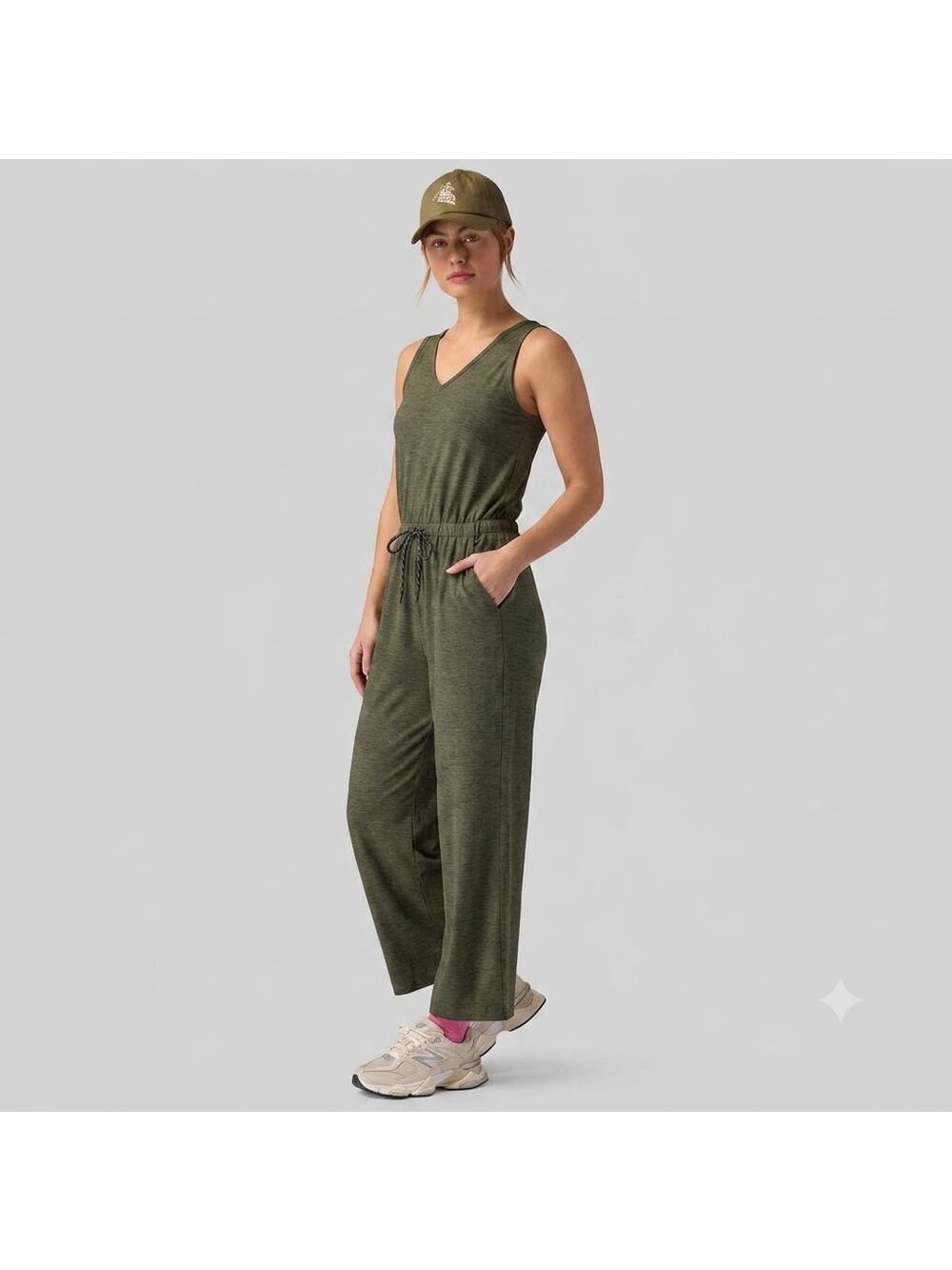 Old Navy Active Olive Green Sleeveless Jumpsuit Women M Pockets Travel Outfit